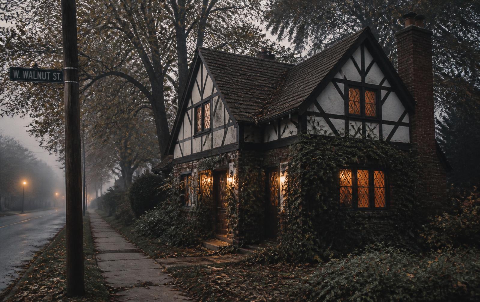 A small English Tudor cottage at dusk on a misty Delaware County street